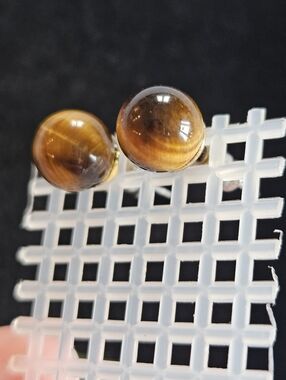 Natural Tigers Eye Gemstone Round Bead Ball Stud Earrings